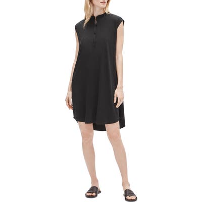 Petite Eileen Fisher Mandarin Collar Shirtdress, Black