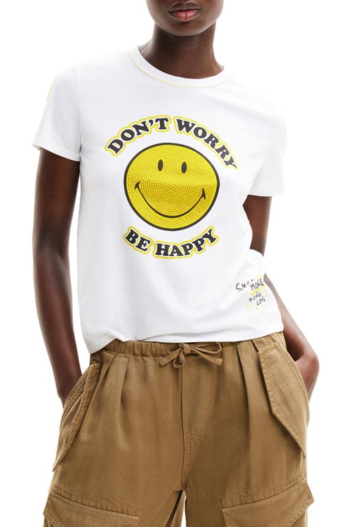 SMILEY Rhinestone Embellished Stretch Cotton Graphic T-Shirt in White