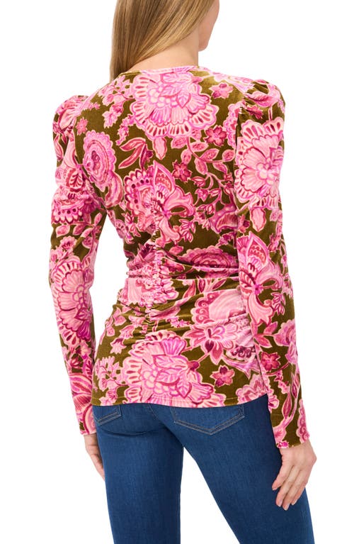 Cece Floral Ruched Puff Sleeve Stretch Velvet Top In Antique Olive