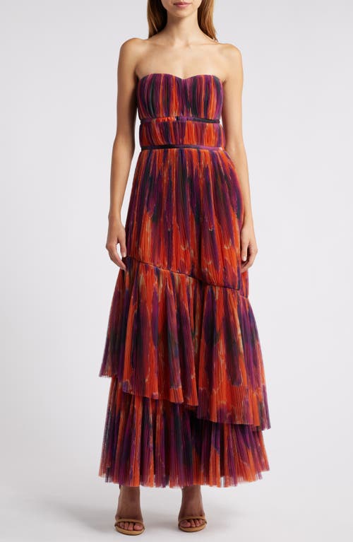 Shop Hutch Print Plissé Layered Ruffle Strapless Gown In Rust Ink Blot Floral