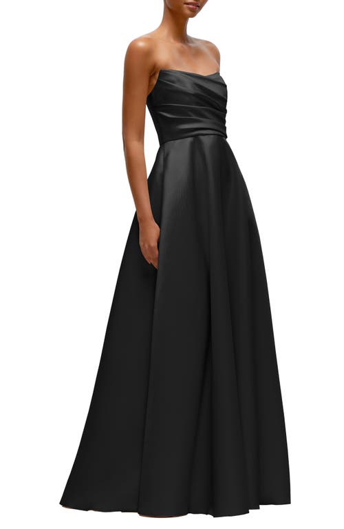 Dessy Collection Strapless Draped Cat-eye Satin Maxi Dress With Full Skirt In Black