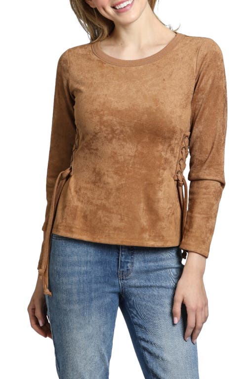 Shop Apny Faux Suede Lace Up Long Sleeve T-shirt In Cognac