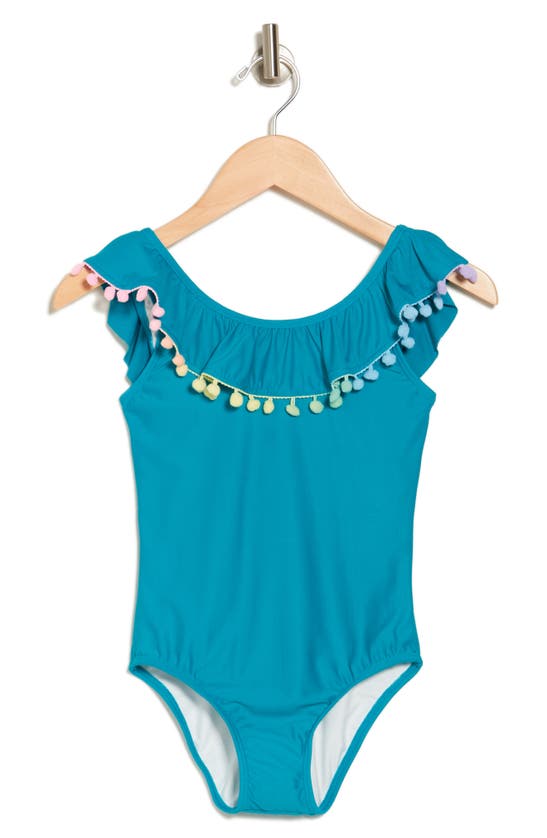 Shop Pq Swim Kids' Pompom Bow One-piece Swimsuit In Sea Shine
