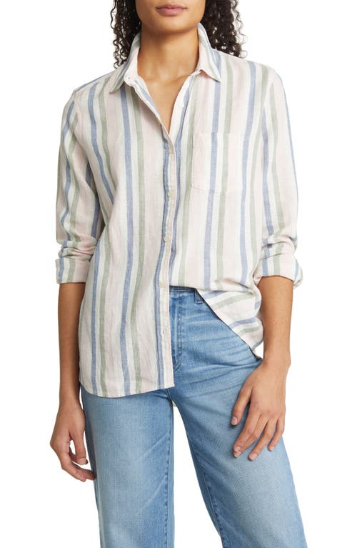 caslon(r) Casual Linen Blend Button-Up Shirt in Pink Lotus- Blue Napa Stripe