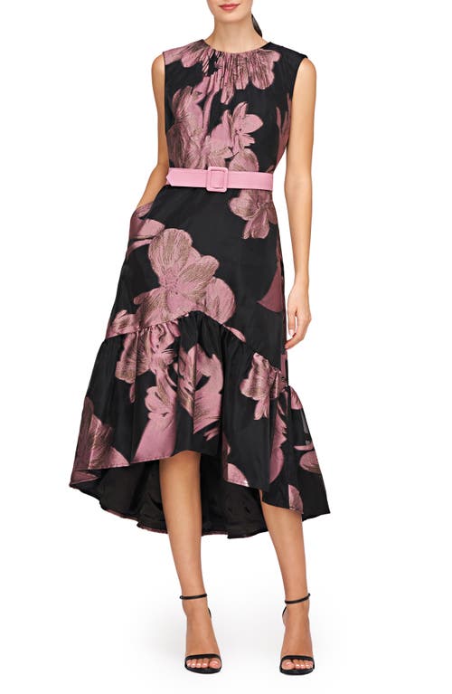 Beatrix Belted Floral High-Low Cocktail Dress in Black/Primrose