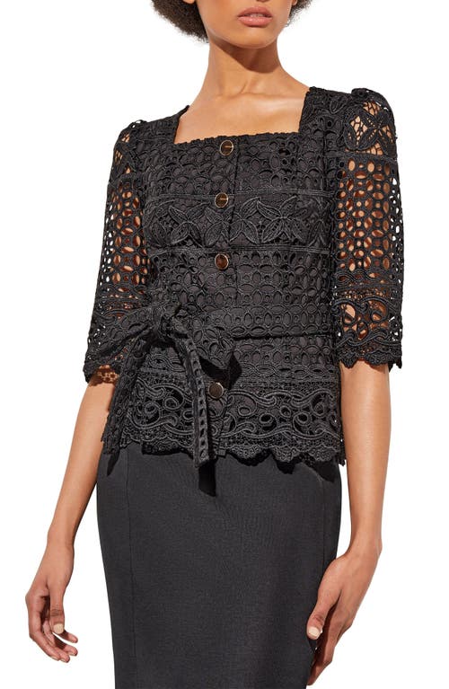 Ming Wang Guipure Lace Belted Jacket Black at Nordstrom,