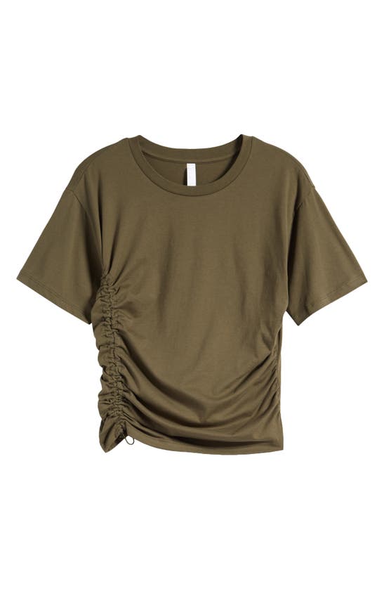 Shop Zella Adjustable Ruched Pima Cotton T-shirt In Olive Night