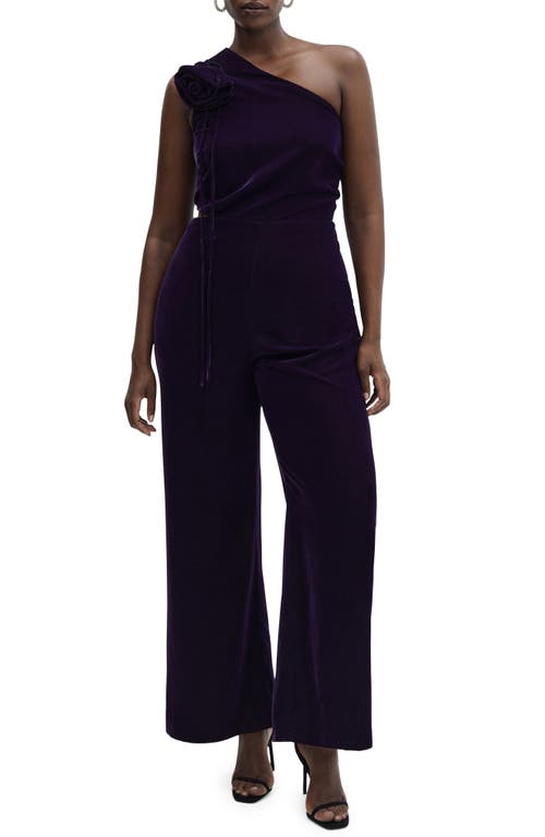 MANGO Rosette Cutout One-Shoulder Velvet Jumpsuit Purple at Nordstrom,