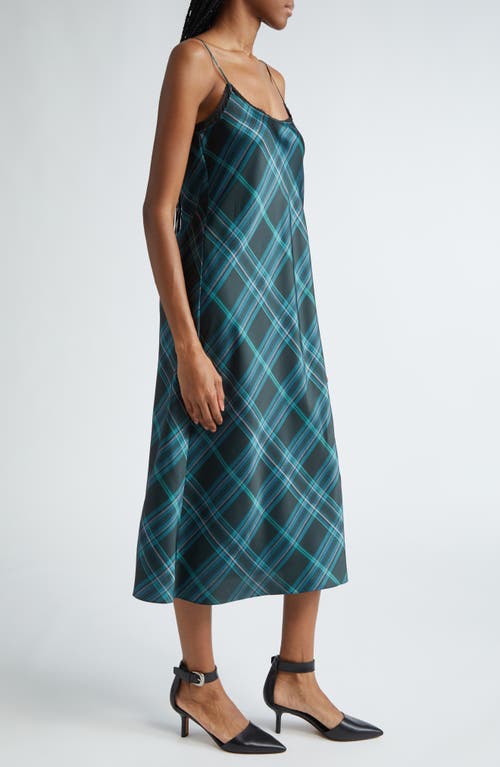 Shop Vince Plaid Satin Midi Slipdress In Jade Onyx