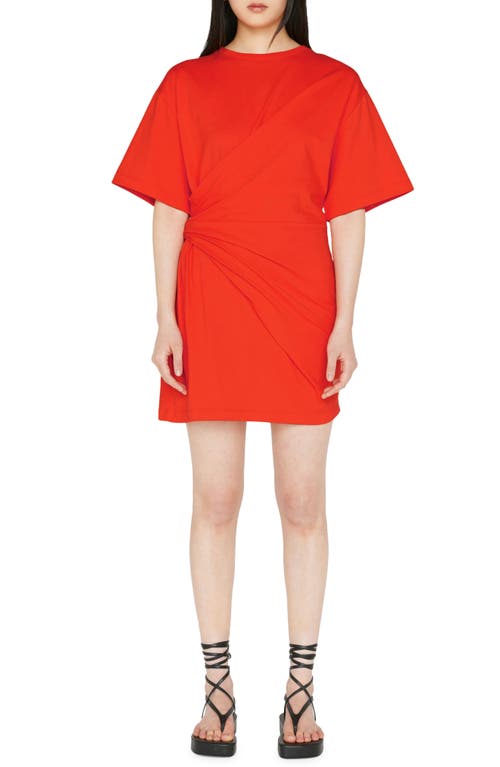FRAME Gathered Organic Cotton T-Shirt Dress in Red Orange