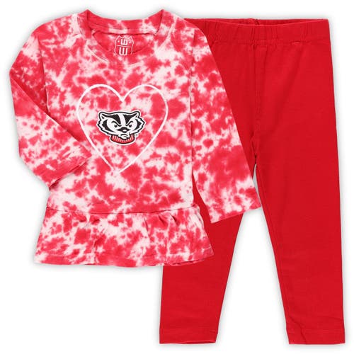 Girls Infant Wes & Willy Red Wisconsin Badgers Tie-Dye Ruffle Raglan Long Sleeve T-Shirt & Leggings Set