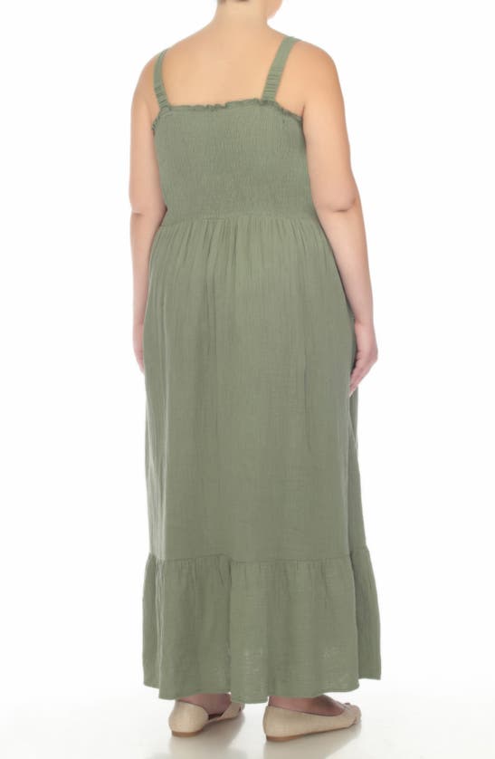 Shop Boho Me Smocked Tiered Cotton Maxi Sundress In Olive