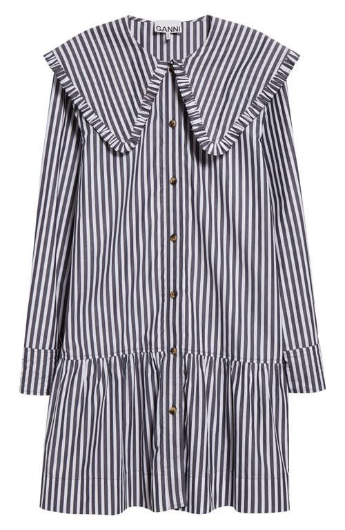 Shop Ganni Stripe Collar Long Sleeve Organic Cotton Shift Dress In Black