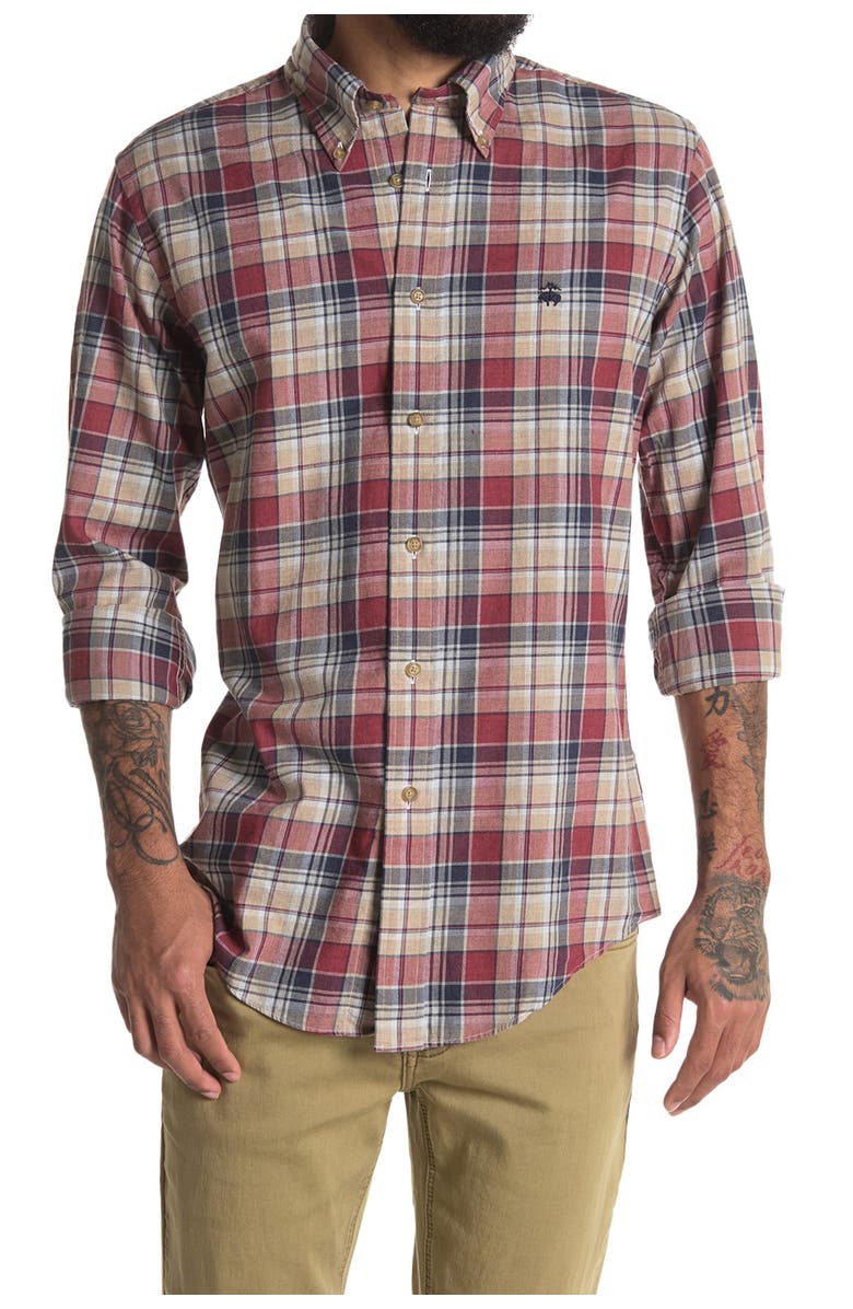 BROOKS BROTHERS Plaid Print Flannel Regular Fit Shirt, Main, color, OPEN BEIGE