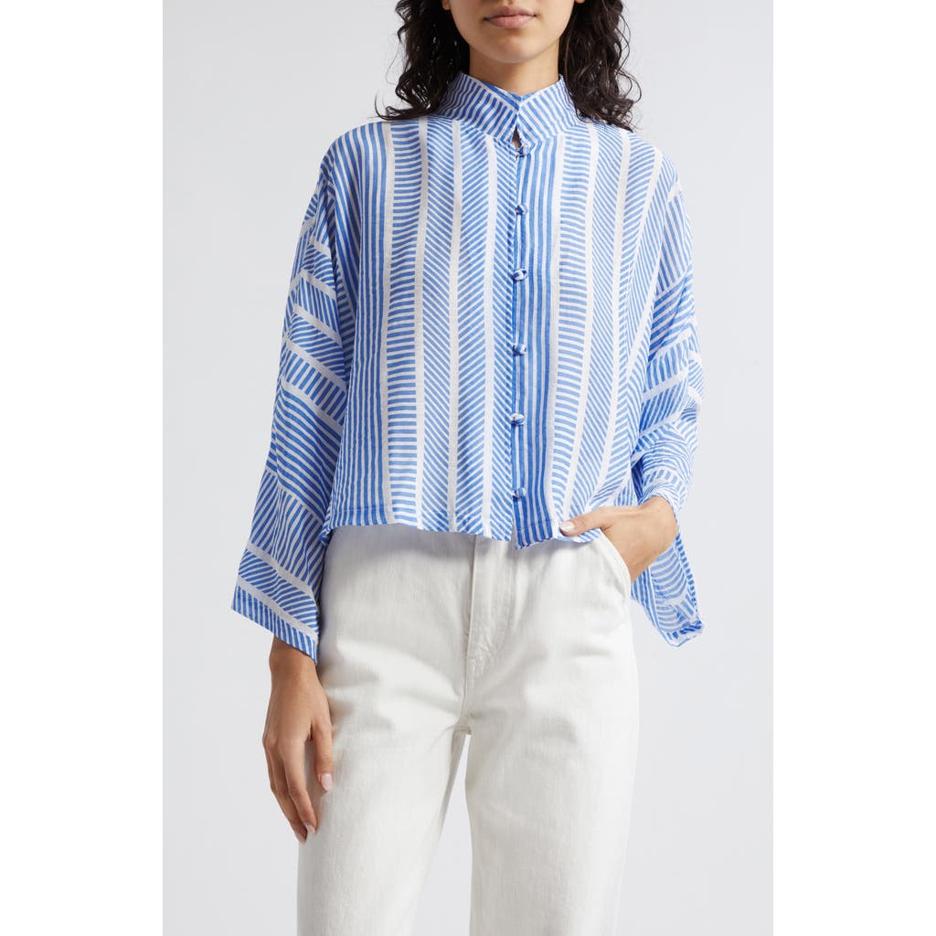 La Vie Style House Stripe Cotton Crop Jacket In Blue