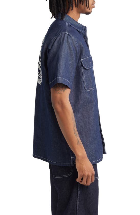 Shop Dickies Beavertown Short Sleeve Chambray Hemp Blend Button-up Shirt In Rinsed Indigo Blue