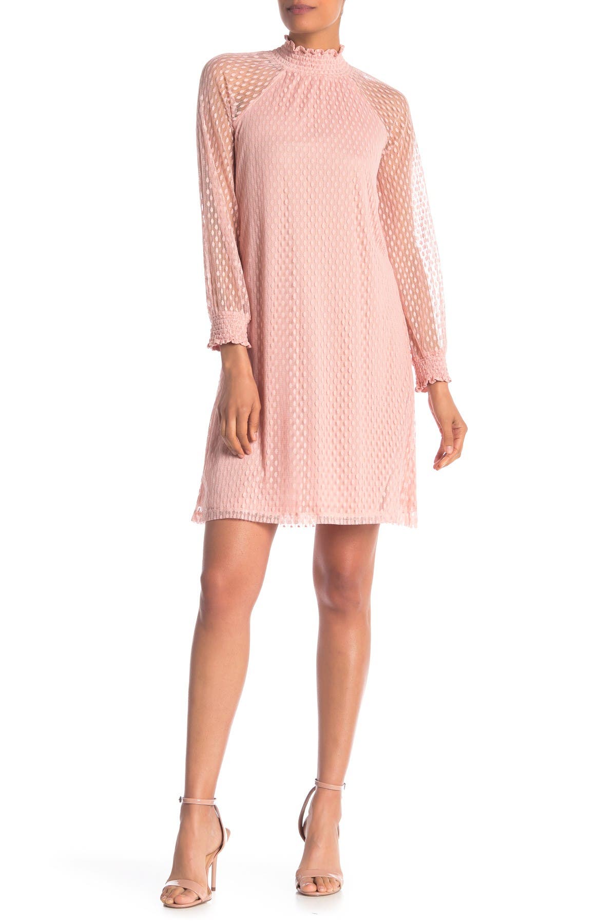 Nina Leonard Shirred Mock Neck Long Sleeve Dress In Blush