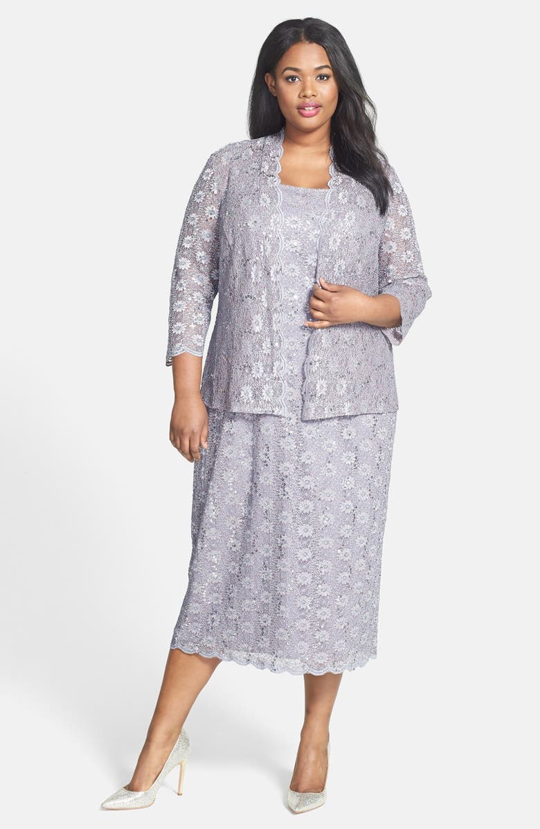 Alex Evenings Sequin Lace Tea Length Dress & Jacket (Plus Size) | Nordstrom