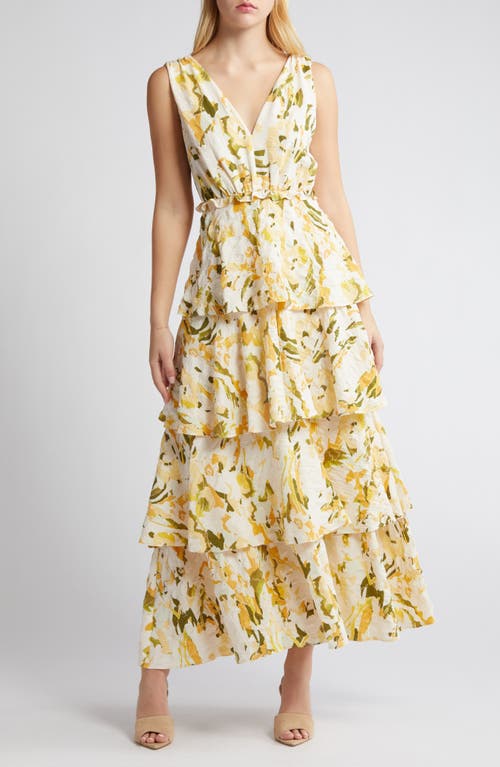 Floral Tiered Maxi Dress in Green S- Yellow Keys Abstract