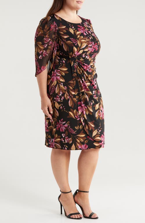 Shop Connected Apparel Floral Chiffon Sleeve Faux Wrap Dress In Merlot