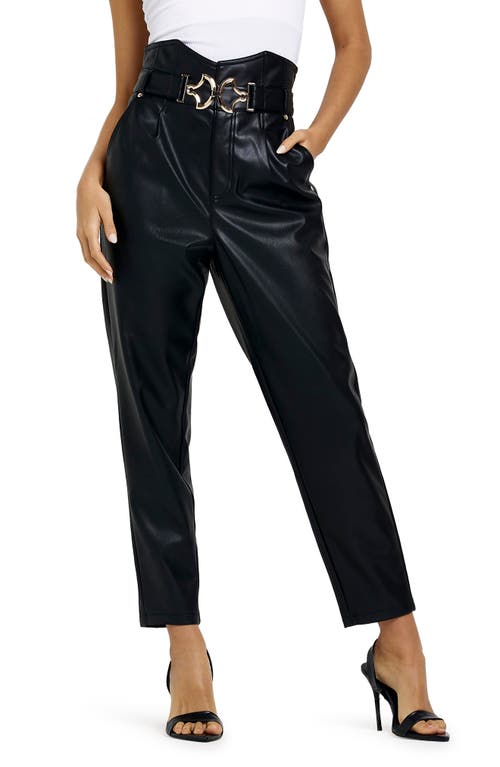 River Island '80s Belted Faux Leather Tapered Leg Trousers in Black at Nordstrom, Size 10