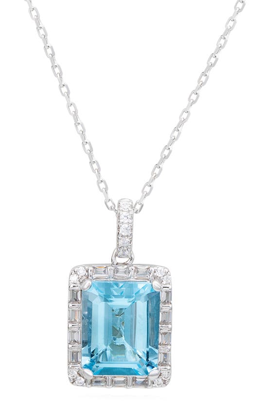 Suzy Levian Sterling Silver Emerald Cut Blue Topaz & White Topaz Halo Pendant Necklace In Metallic