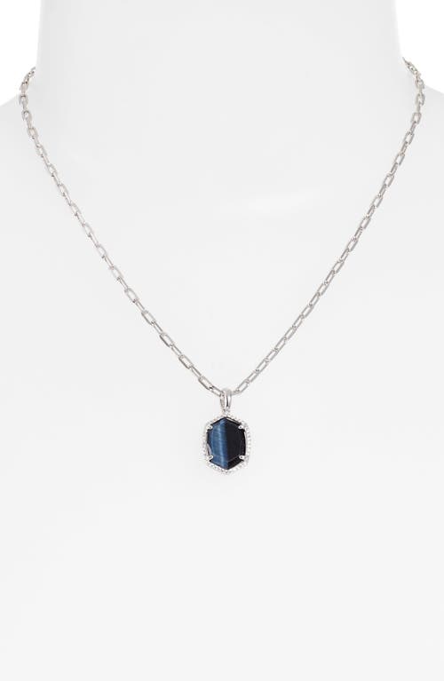 Kendra Scott Daphne Pavé Frame Pendant Necklace In Rhodium Navy Tigers Eye