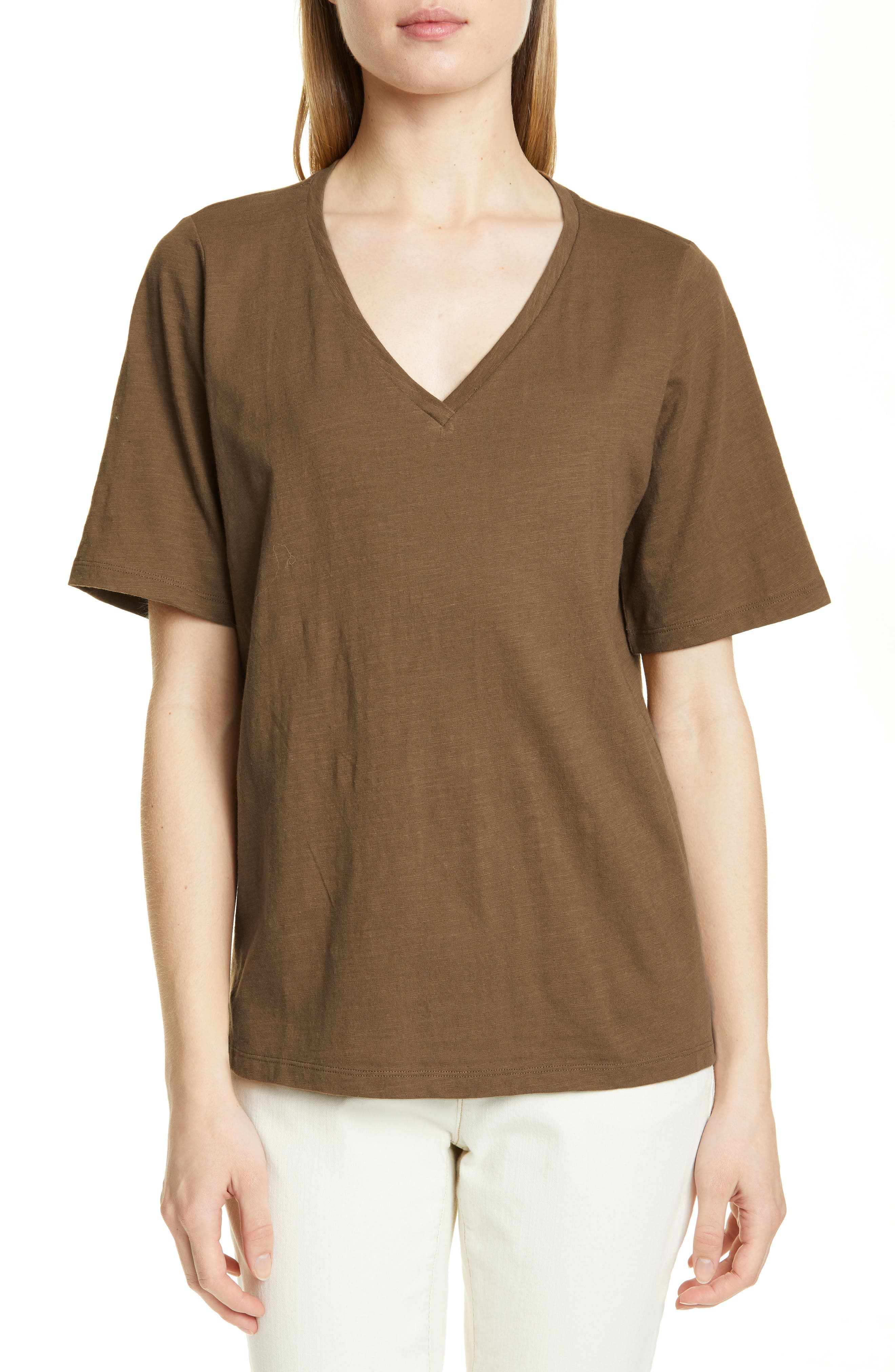 Eileen Fisher V-Neck Organic Cotton Tee, Brown