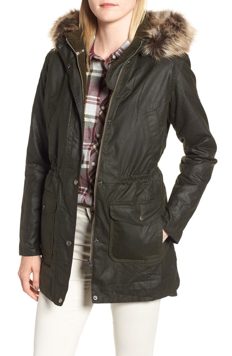 Barbour Waxed Cotton Coat with Faux Fur Trim Hood | Nordstrom