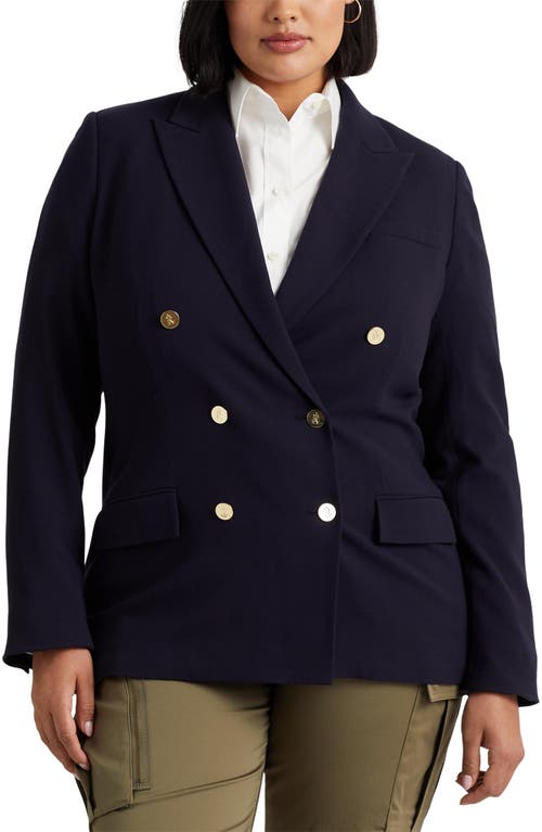 Shop Lauren Ralph Lauren Double Breasted Stretch Wool Crepe Blazer In Lauren Navy