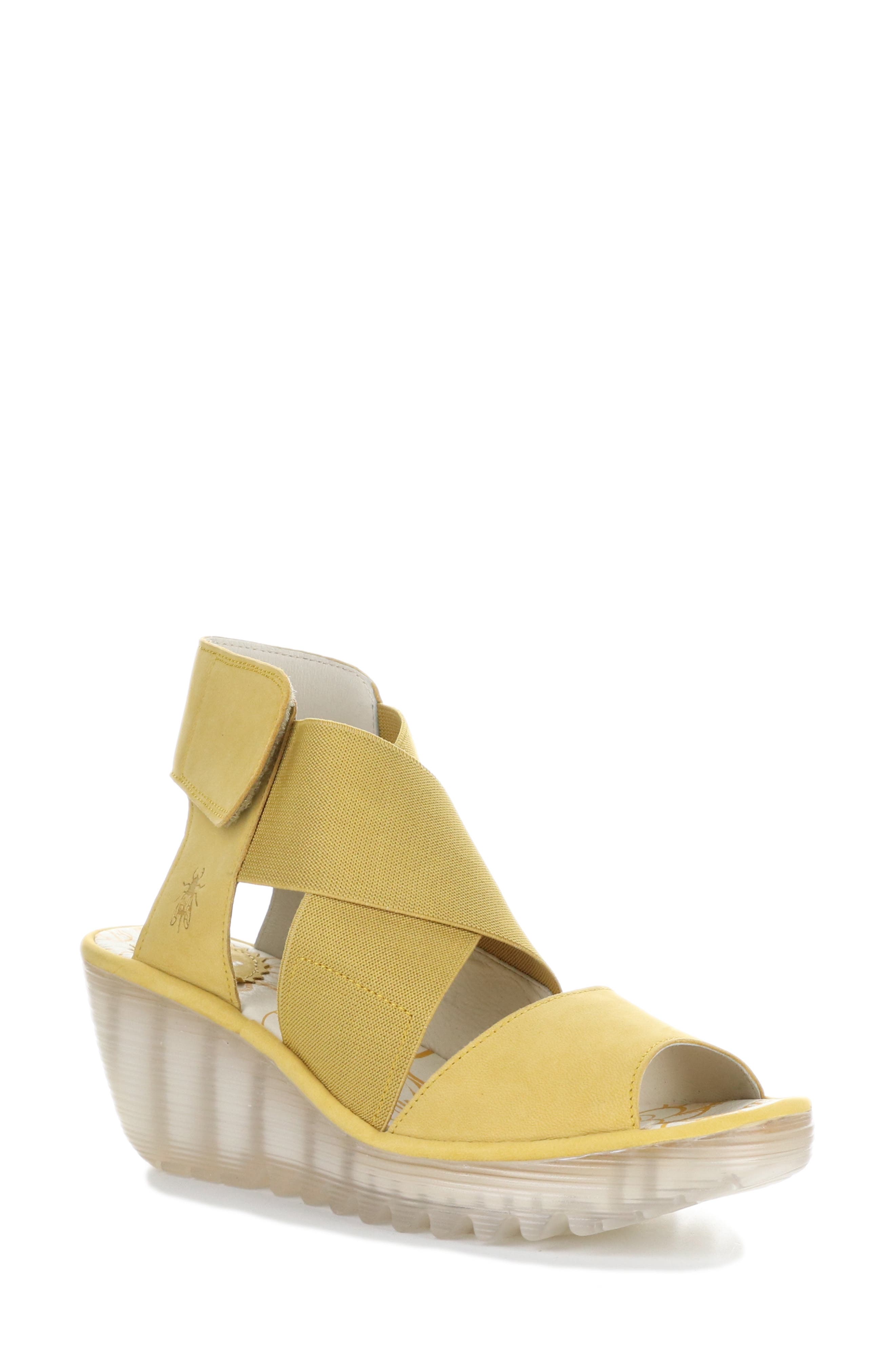 yellow strappy wedge sandals