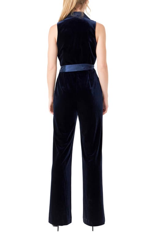 Shop Endless Rose Satin Trim Velvet Jumpsuit In Navy