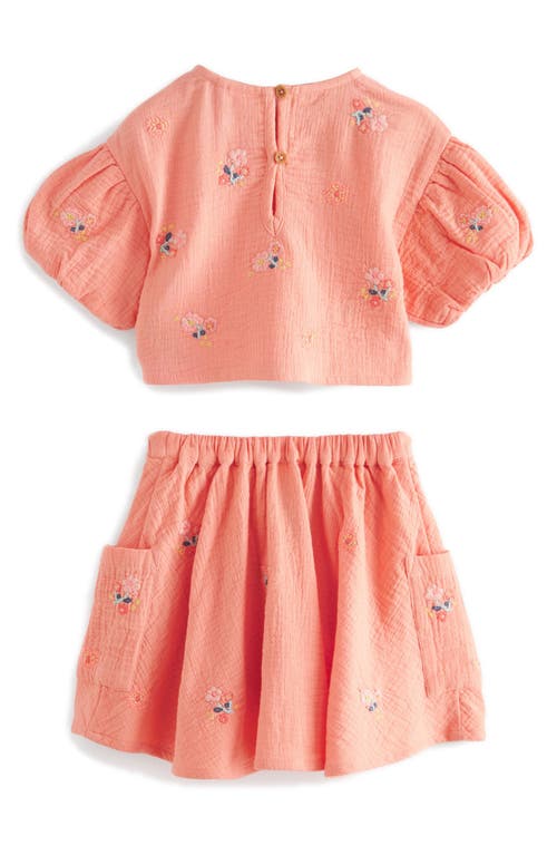 Shop Next Kids' Embroidered Cotton Double Cloth Top & Skirt Set In Coral