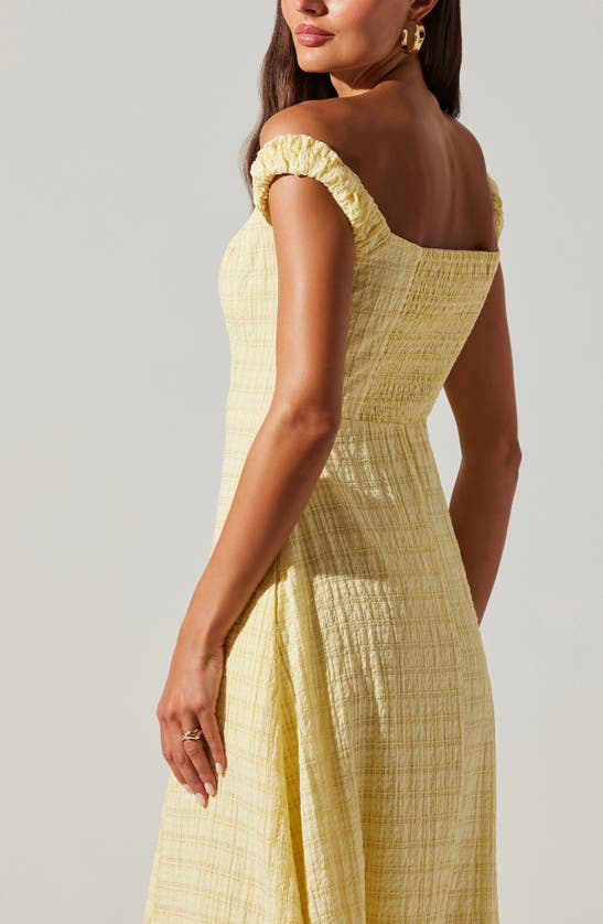 Shop Astr Harlyn Off The Shoulder Textured Midi Dress In Yellow