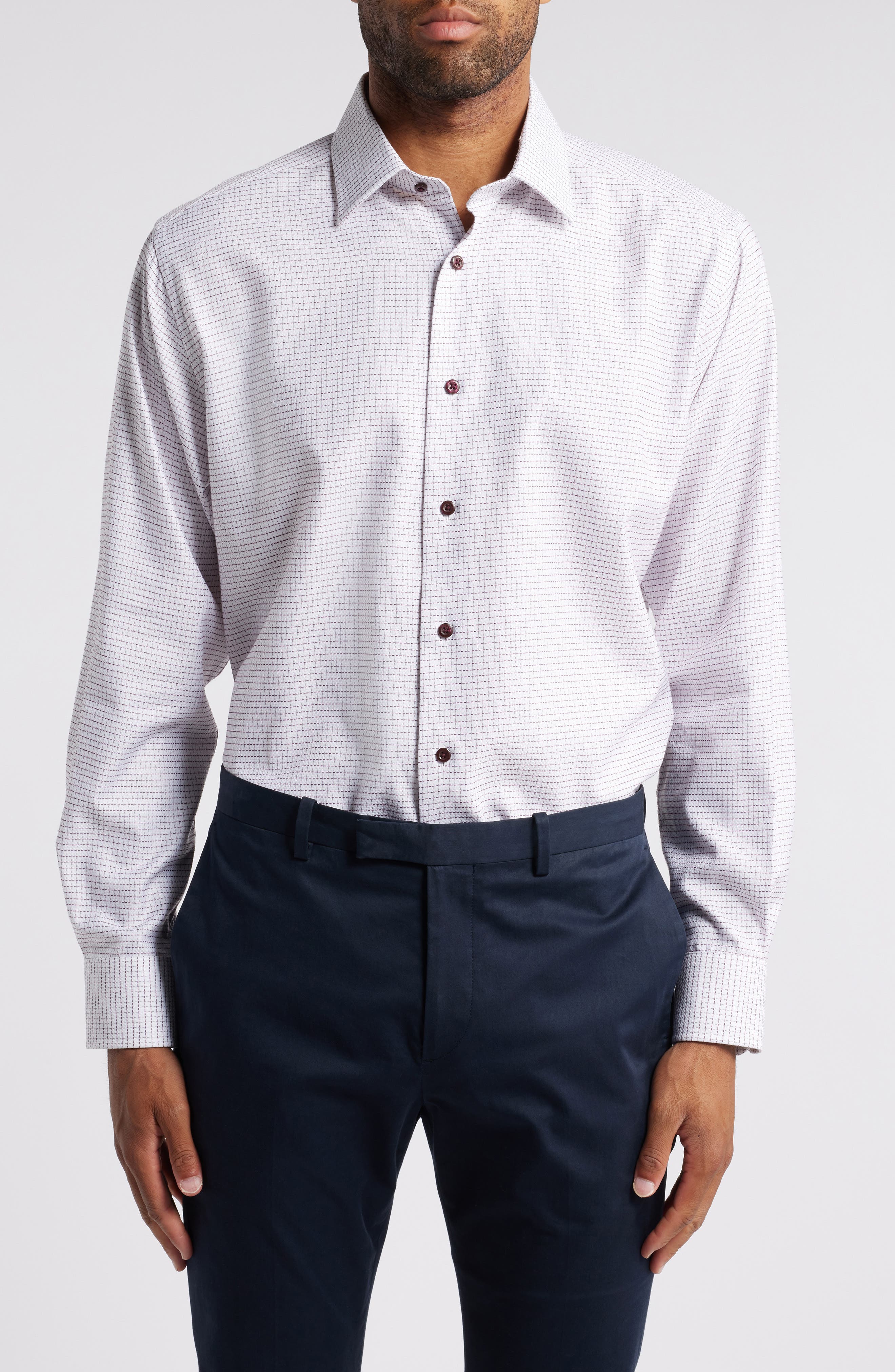 David Donahue Trim Fit Grid Dobby Dress Shirt in White/Merlot 