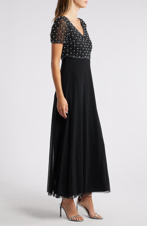 Shop Pisarro Nights Pearly Beaded Short Sleeve A-line Gown In Black