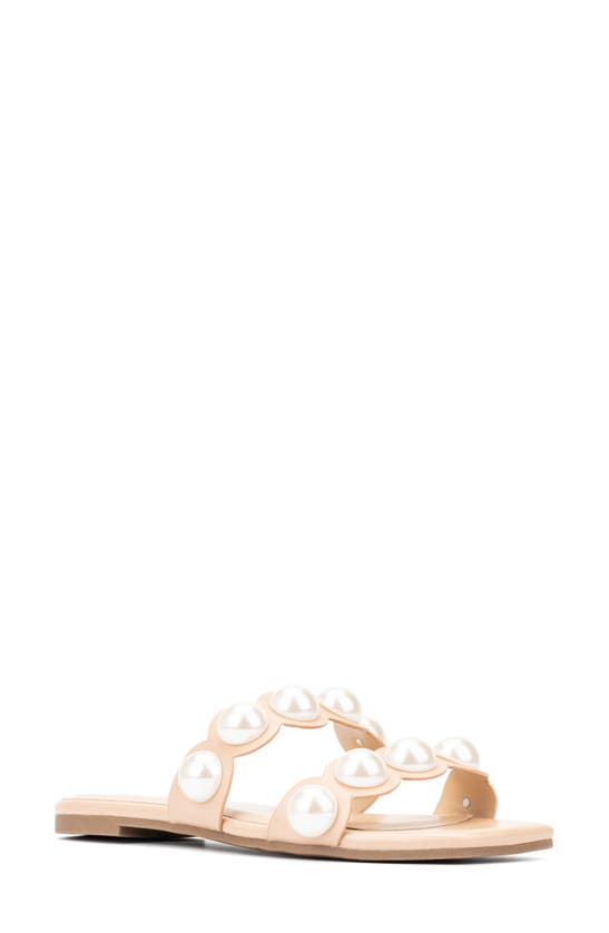 Fashion To Figure Sage Faux Pearl Studded Slide Sandal In Nude