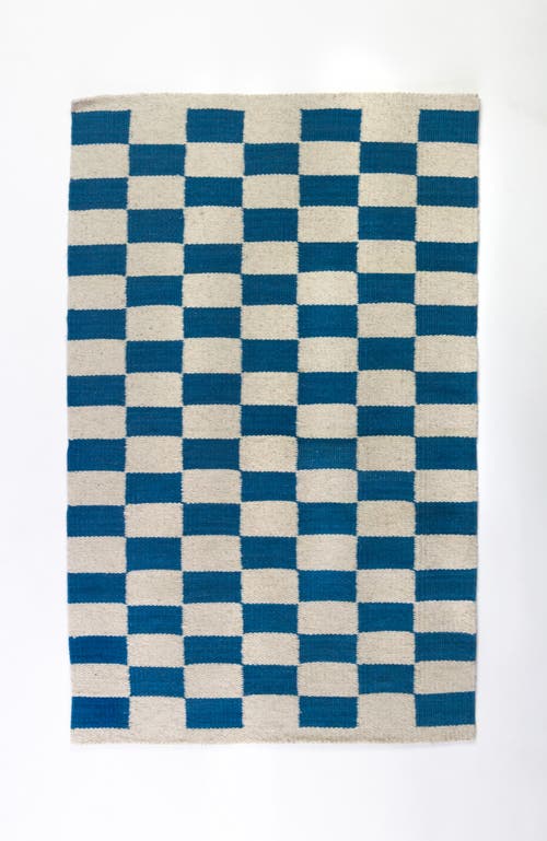 Archive New York Zapotec Checkered Handwoven Flatweave Wool Rug In Blue And Ivory