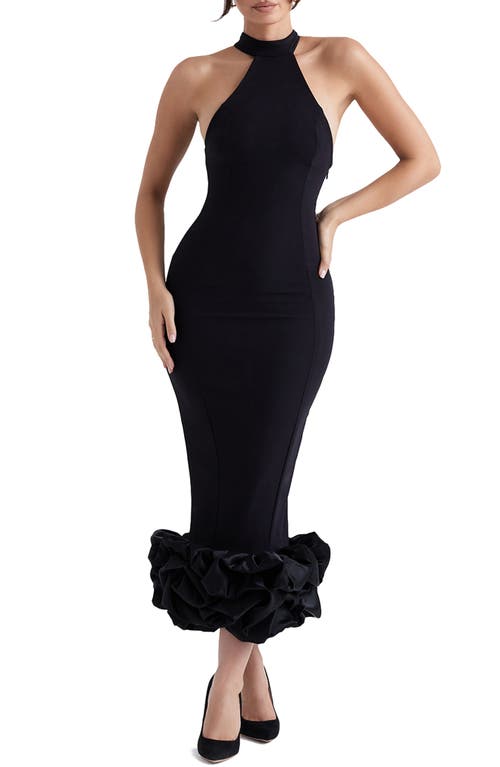 HOUSE OF CB Juniper Halter Neck Ruffle Hem Crepe Cocktail Dress Black at Nordstrom,