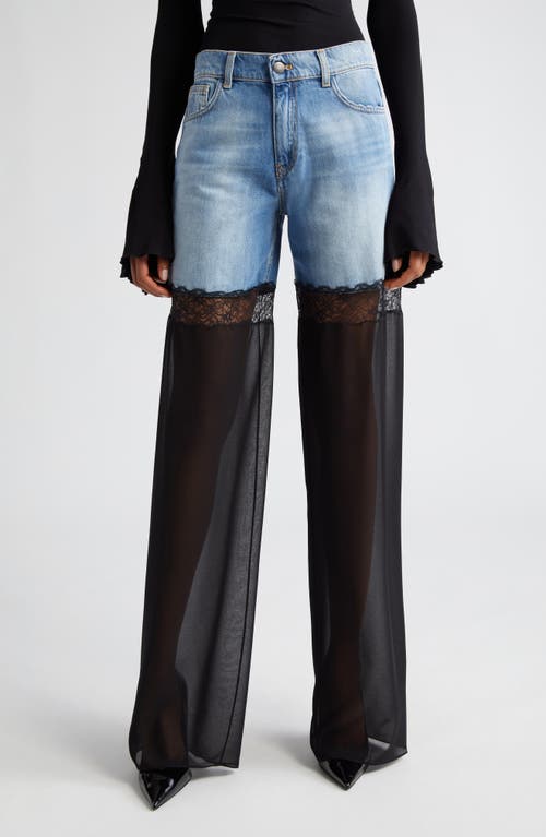Sheer Tulle Inset High Waist Nonstretch Wide Leg Jeans in Blue/Black