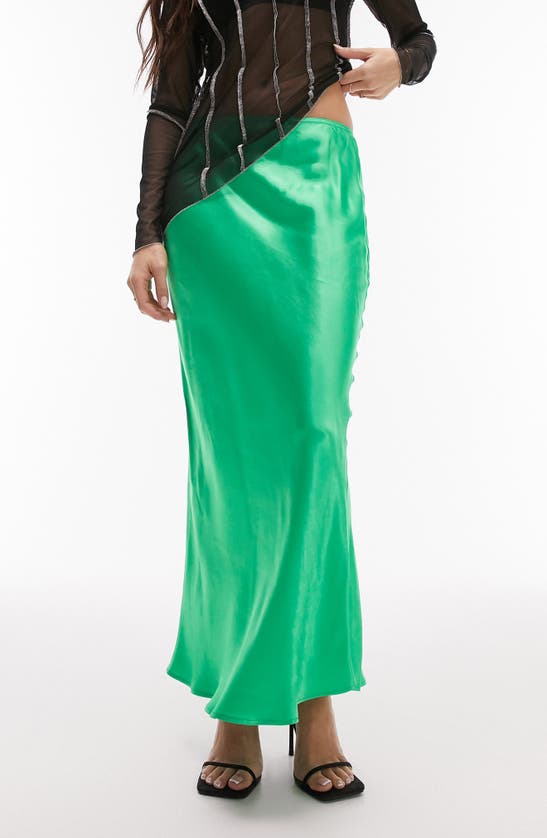 Topshop Bias Cut Satin Midi Skirt In Light Green