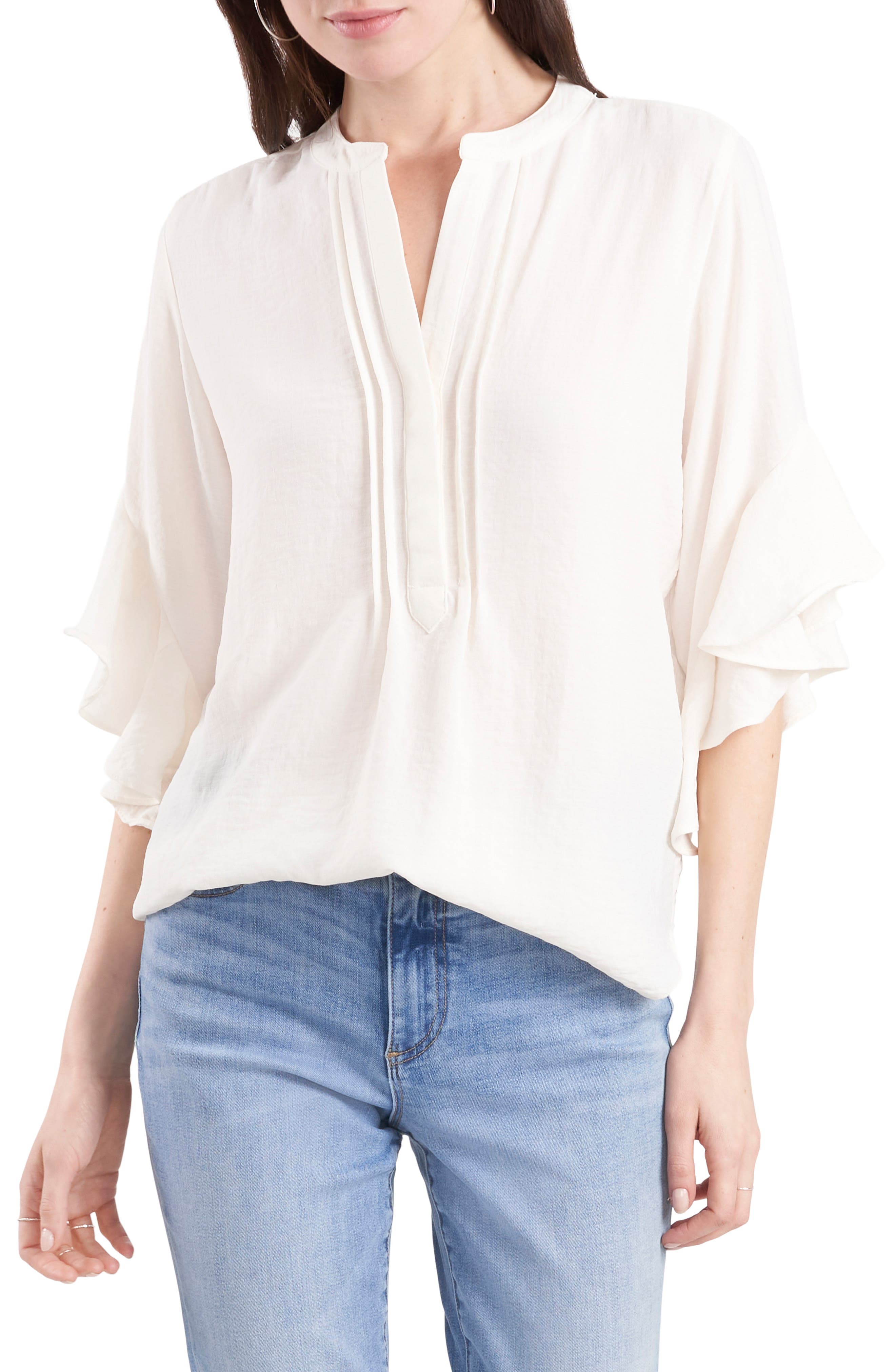 Vince Camuto Ruffle Sleeve Split Neck Blouse In New Ivory