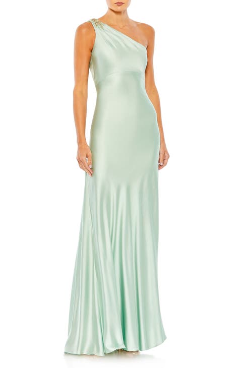 Carlyn Midi Dress - One Shoulder Ruched Dropped Waist Dress in Green