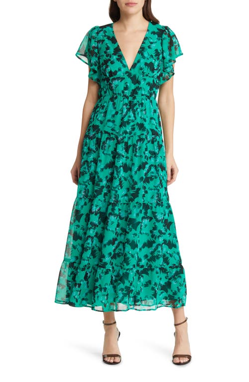 Chelsea28 Floral Flutter Sleeve Tiered Chiffon Maxi Dress in Green- Black Fan Floral
