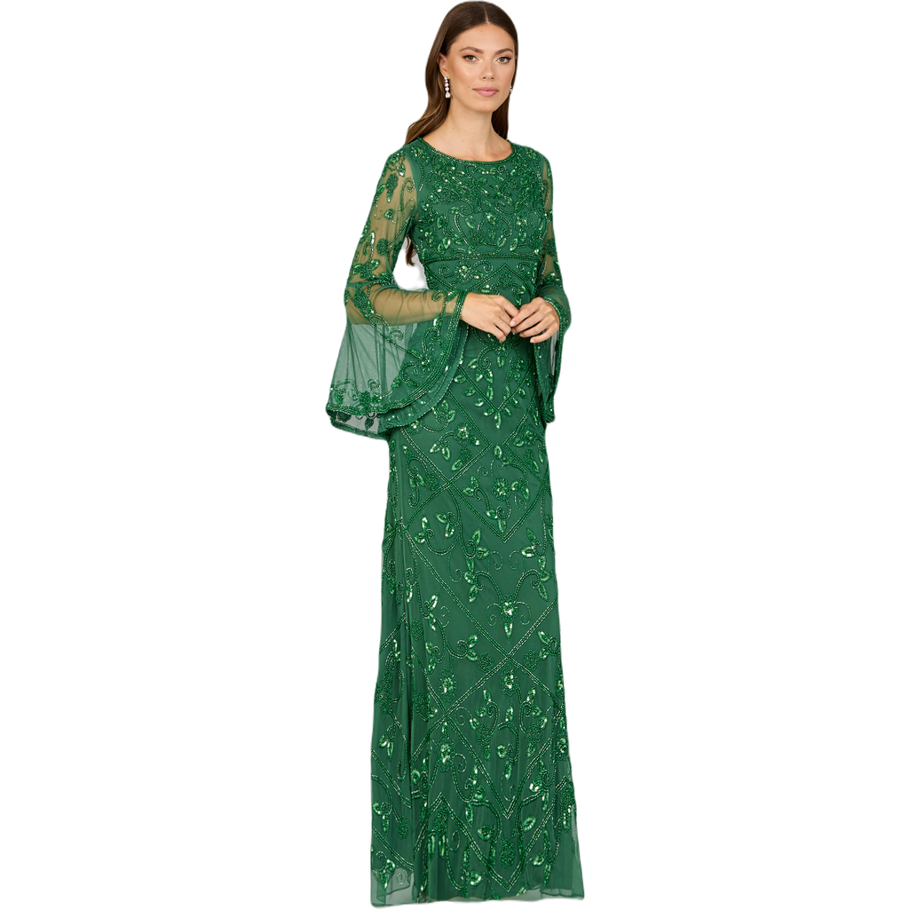 Lara New York Bell Sleeved High Neck Beaded Gown In Forestgreen
