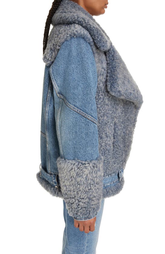 Shop Chloé Oversize Denim & Genuine Shearling Biker Jacket In Foggy Blue