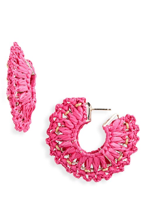 Crocus Raffia Straw Hoop Earrings in Pink