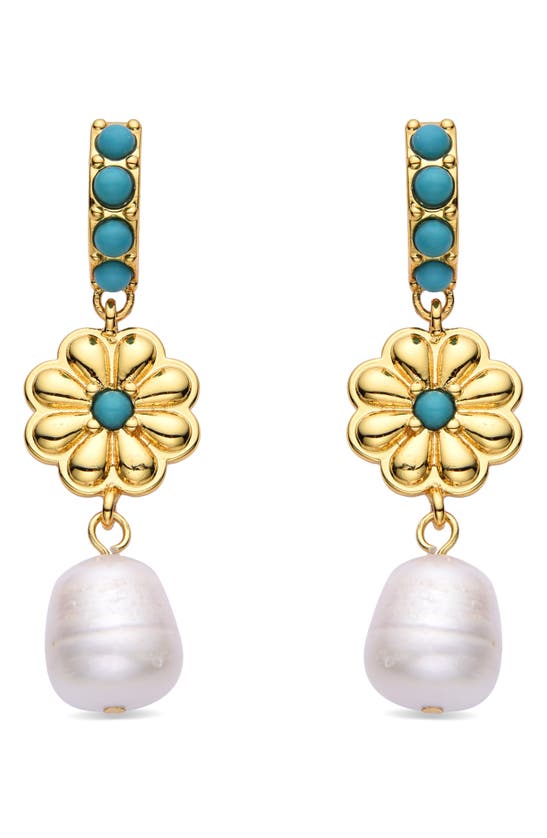 Eye Candy Los Angeles Myla Crystal & Imitation Pearl Drop Huggie Hoop Earrings In Gold