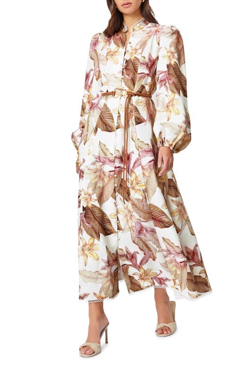 Shop Elliatt Meadow Day Floral Long Sleeve Linen Blend Shirtdress In White Multi