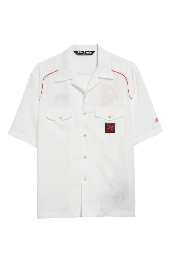 Palm Angels X Haas Moneygram Short Sleeve Linen Button-up Camp Shirt In Offwhite Red